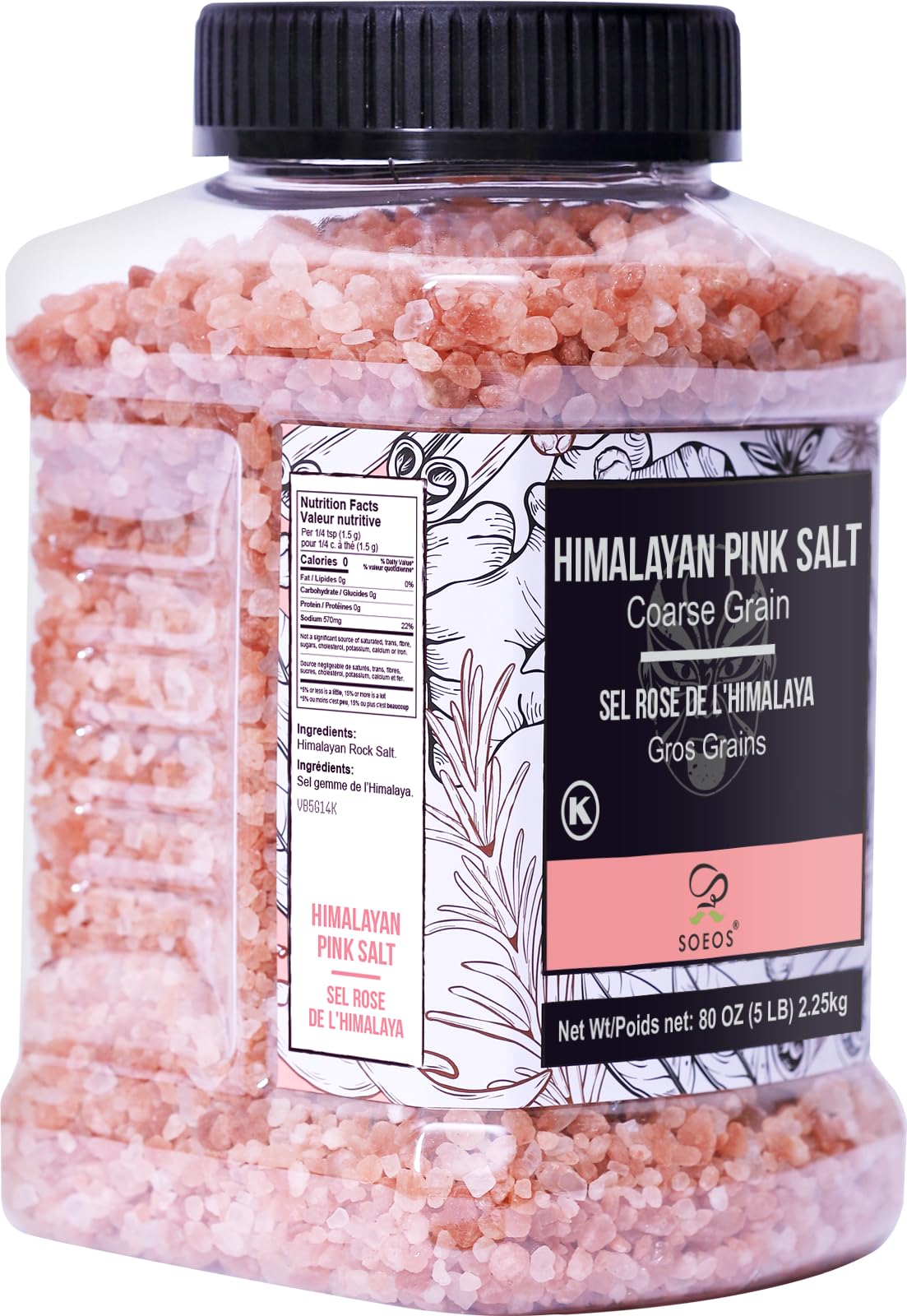 Soeos Himalayan Pink Salt, Coarse Grain, 80oz (5 Pound), Pink Salt, Kosher Salt, Pink Himalayan Sea Salt Coarse for Grinder Refill