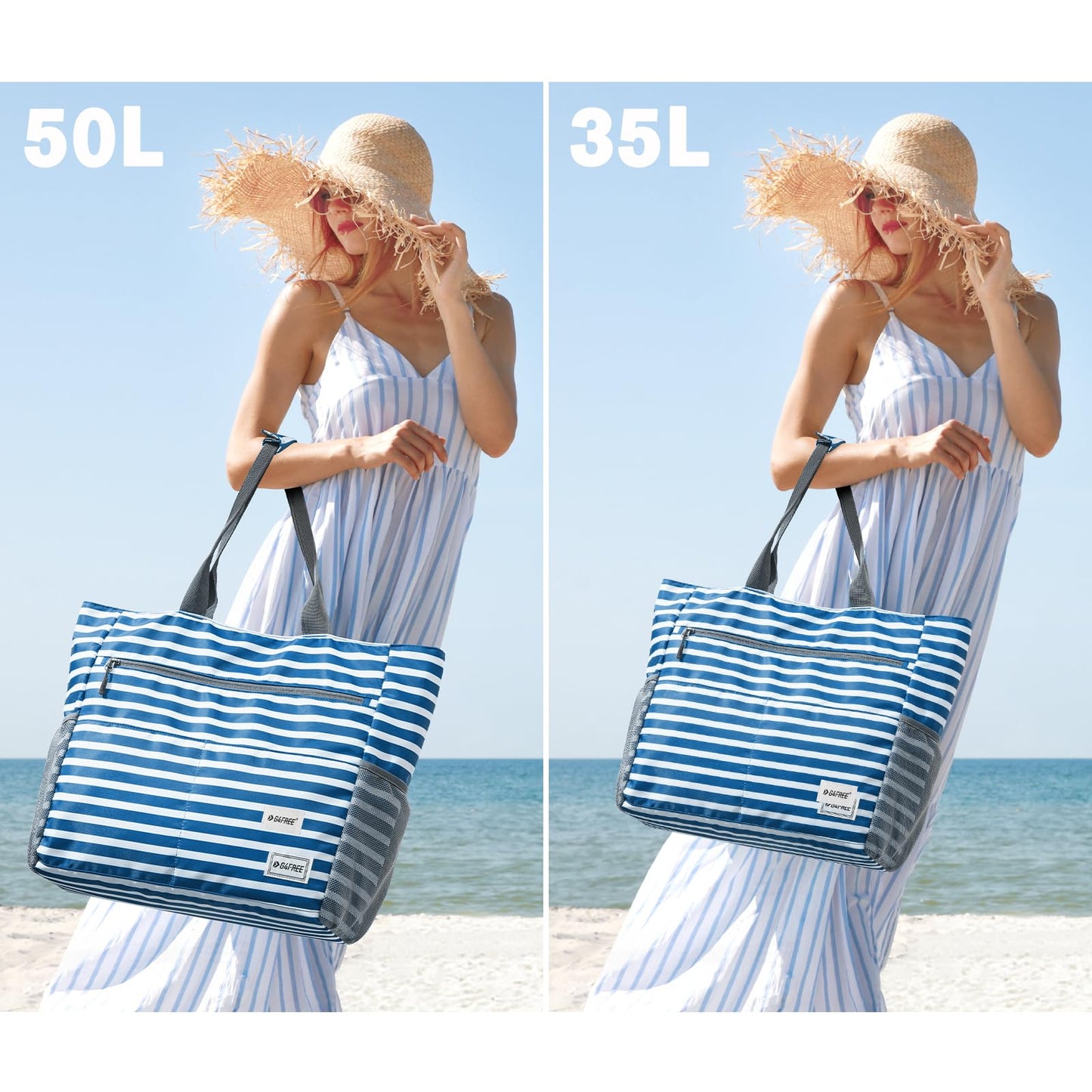 G4Free Beach Bag, Waterproof Sandproof Beach Tote Bag,50L Large Capacity Foldable for Women, Personalized Gifts for Her,Navy Stripe