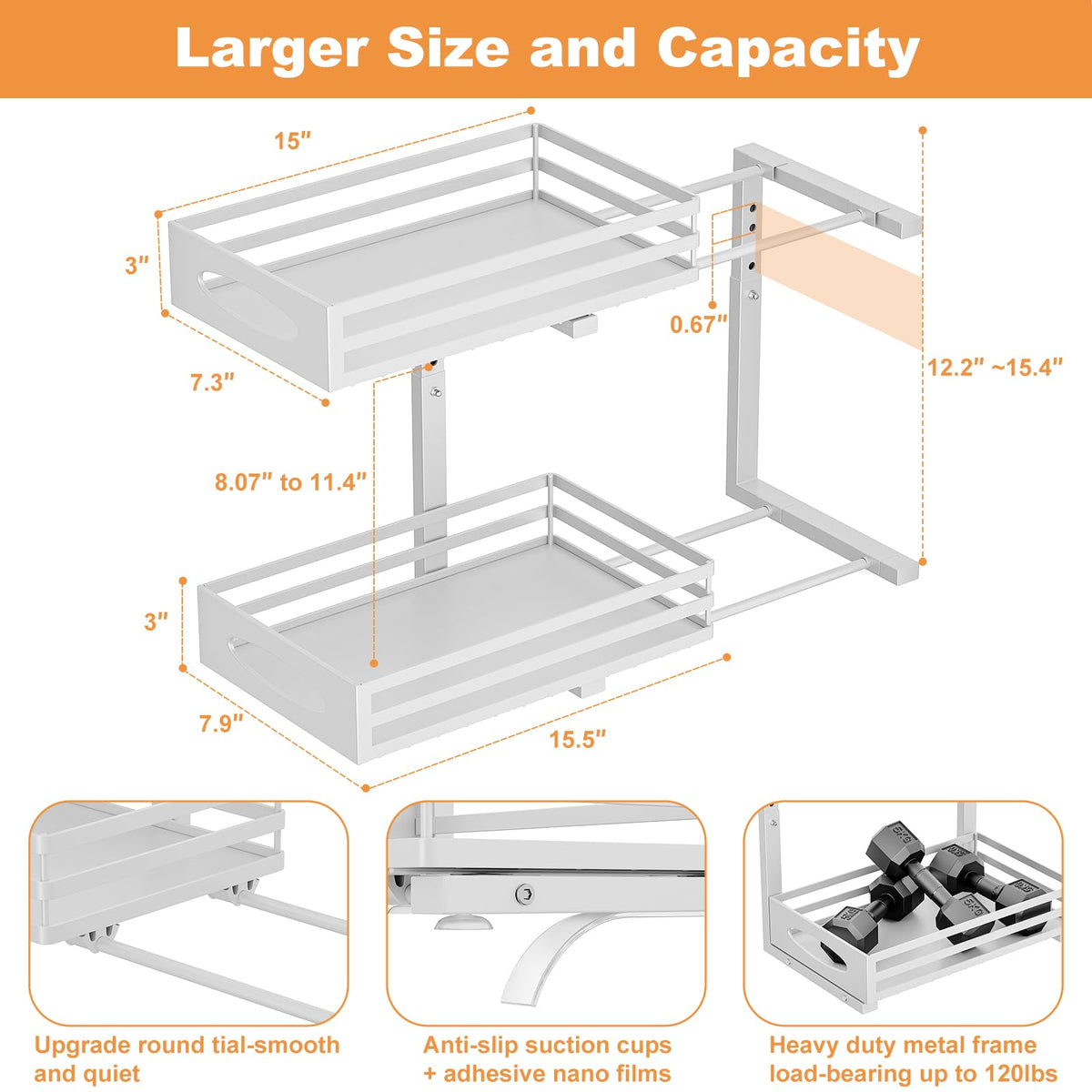 mixeshop Under Sink Organizer, Pull Out Cabinet Organizers, Slide Sink Steel Shelf Cabinet Storage Shelves, Under Sink Storage for Kitchen Bathroom Cabinet (White, 2 Pack)