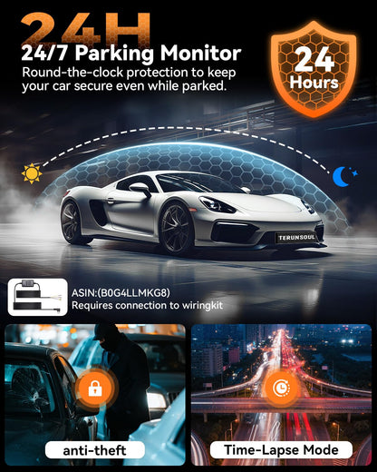 TERUNSOUl 4K Dash Cam Front and Rear, Full HD 3 Channel Dashcam, Free 128GB MicroSD Card, Built-in 5.8GHz WiFi Built-in GPS, Collision Sensor, Night Vision, HDR, 3.16" IPS, 24H Parking Mode（Black）