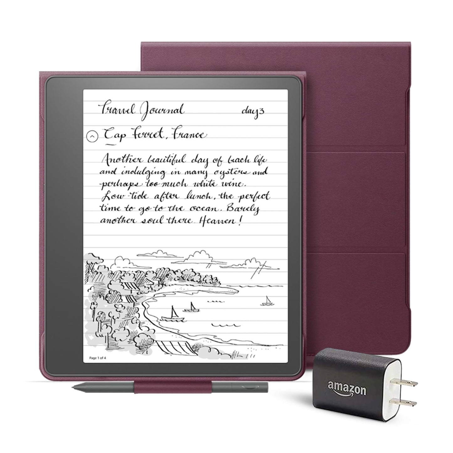 Kindle Scribe Essentials Bundle including Kindle Scribe (16 GB), Basic Pen, Leather Folio Cover with Magnetic Attach - Burgundy, and Power Adapter