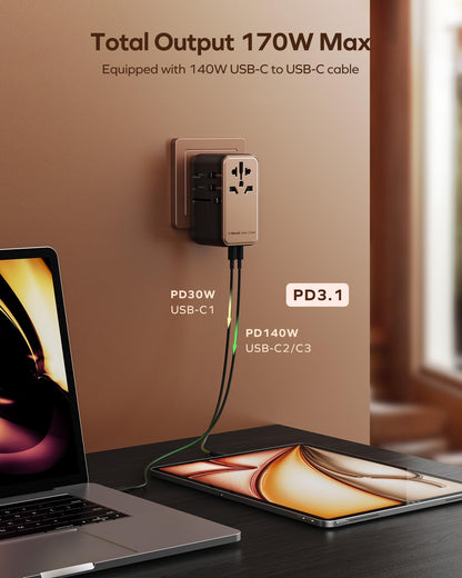 MOMAX 170W Universal Travel Adapter Worldwide, 5-in-1 GaN International Power Adapter for 2 Laptop, 3 USB-C PD& 1 USB-A QC Wall Charger, European Travel Plug Adapter for UK/US/AUS/JP,Travel Essentials