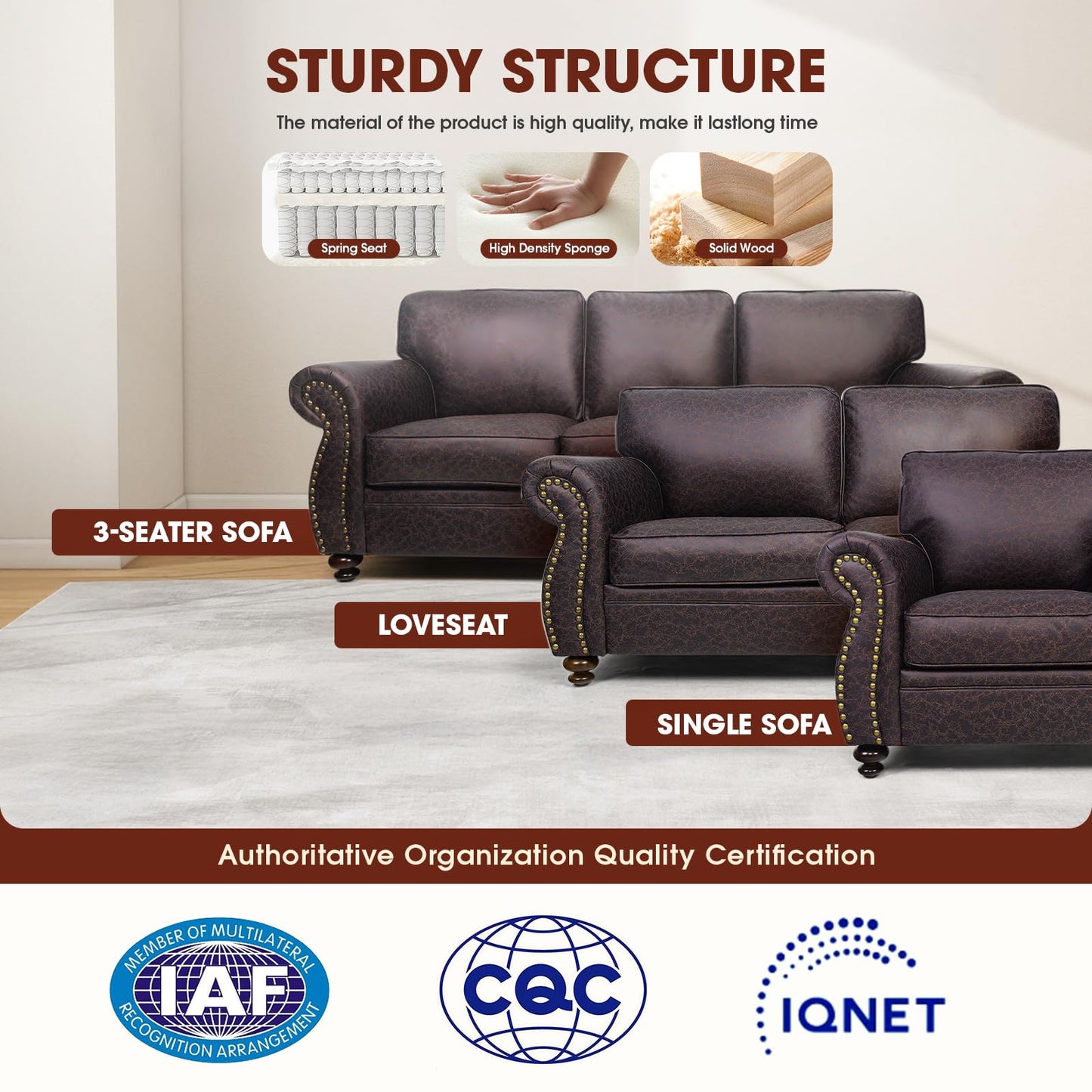 Couchus Living Room Furniture Sets,Sofa Sets and Couch Sets for Living Room,Mid-Century Vintage Sofa Couches with Rivet Design (Brown, Single+Loveseat+3 Seater)