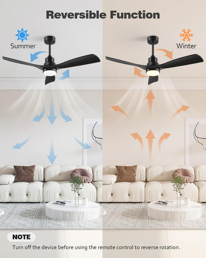 Forrovenco Ceiling Fan with Lights Remote Control, 52 Inch Black Ceiling Fans with 3 Downrods, 3 Blades, Timer, 6 Speed Modern Fan Quiet Reversible DC Motor for Patio Bedroom Outdoor/Indoor