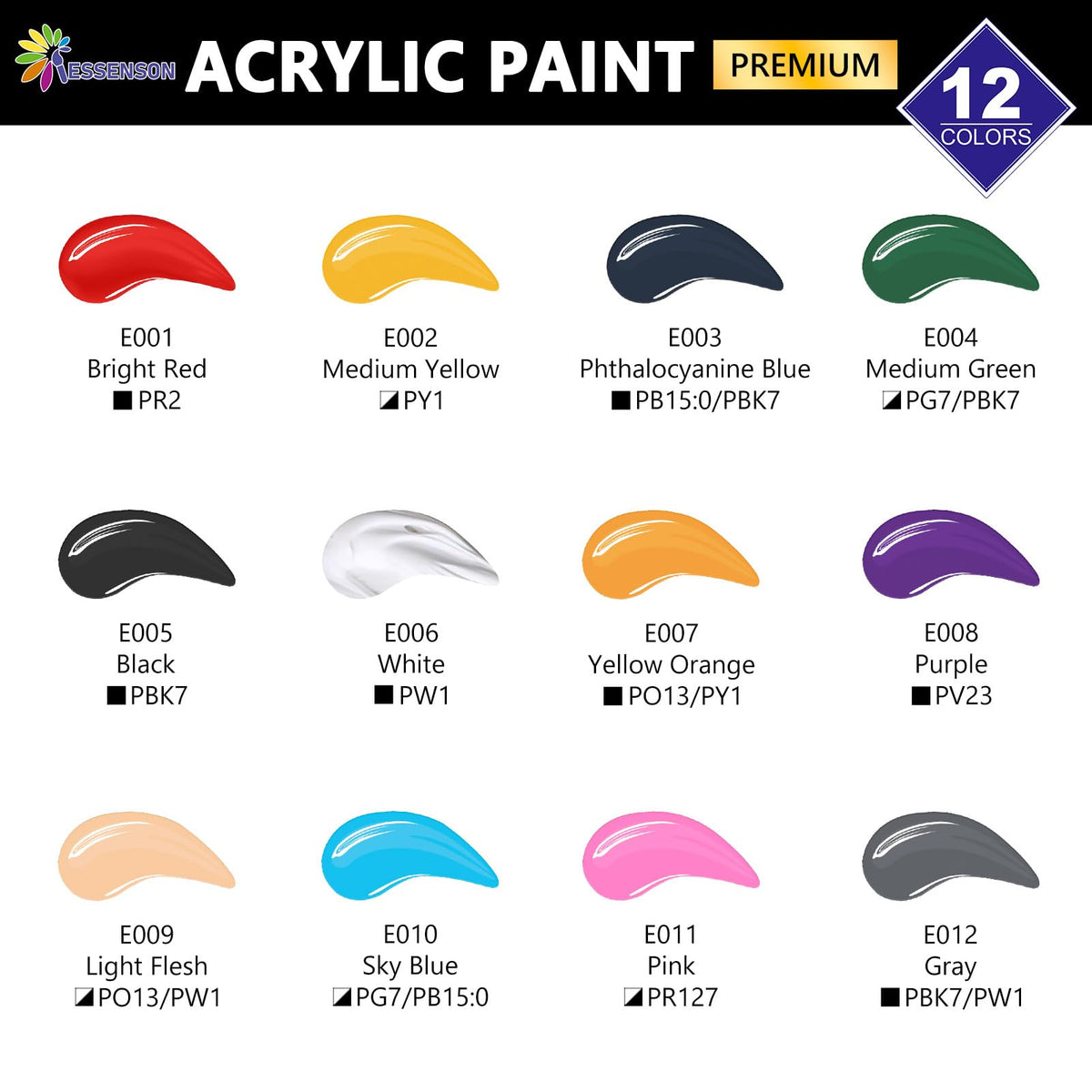 ESSENSON Acrylic Paint, 12 Colors Acrylic Paint Set, 2oz/59ml Bottles, Premium Paints for Artists, Kids, Beginners and Adults on Canvas Rocks Wood Ceramic Fabric