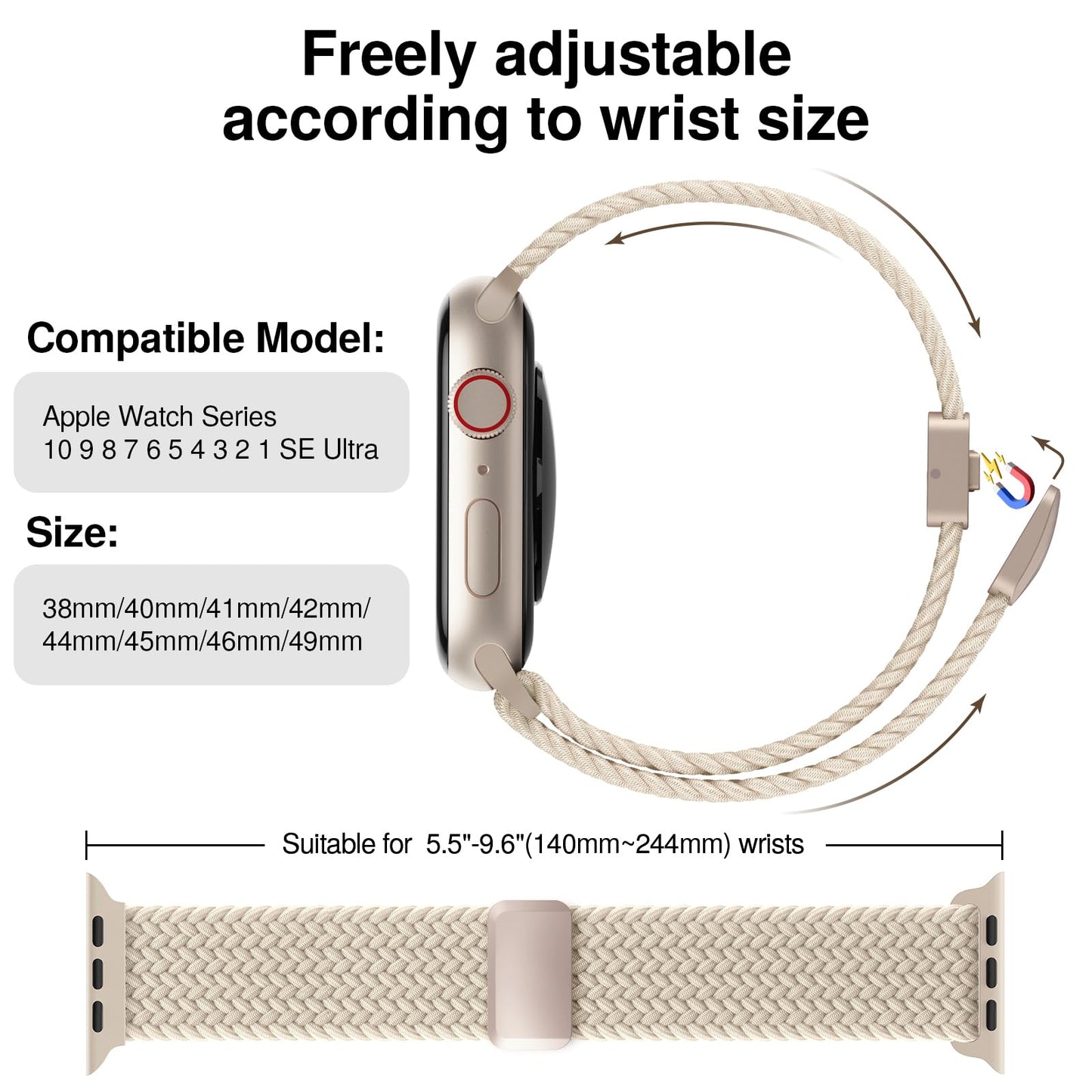 Braided Stretchy Band Compatible with Apple Watch Bands 38mm 40mm 41mm 42mm 44mm 45mm 46mm 49mm Women Men, Soft Nylon Solo Loop Magnetic Sport Strap for iWatch Series 10 9 8 7 6 5 4 3 2 1 SE Ultra