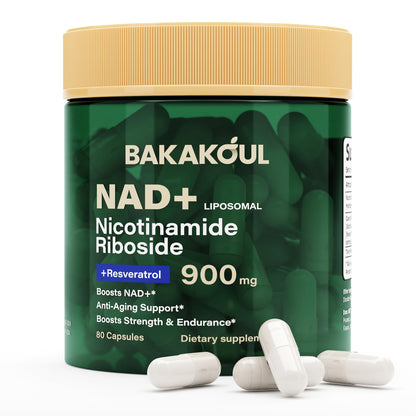 BAKAKOUL NAD Supplement - Liposomal Nicotinamide Riboside, Resveratrol, Quercetin, NAD Nicotinamide Riboside Resveratrol 900mg, NAD+ Supplement for Men and Women, 80 Capsules 1 Pack