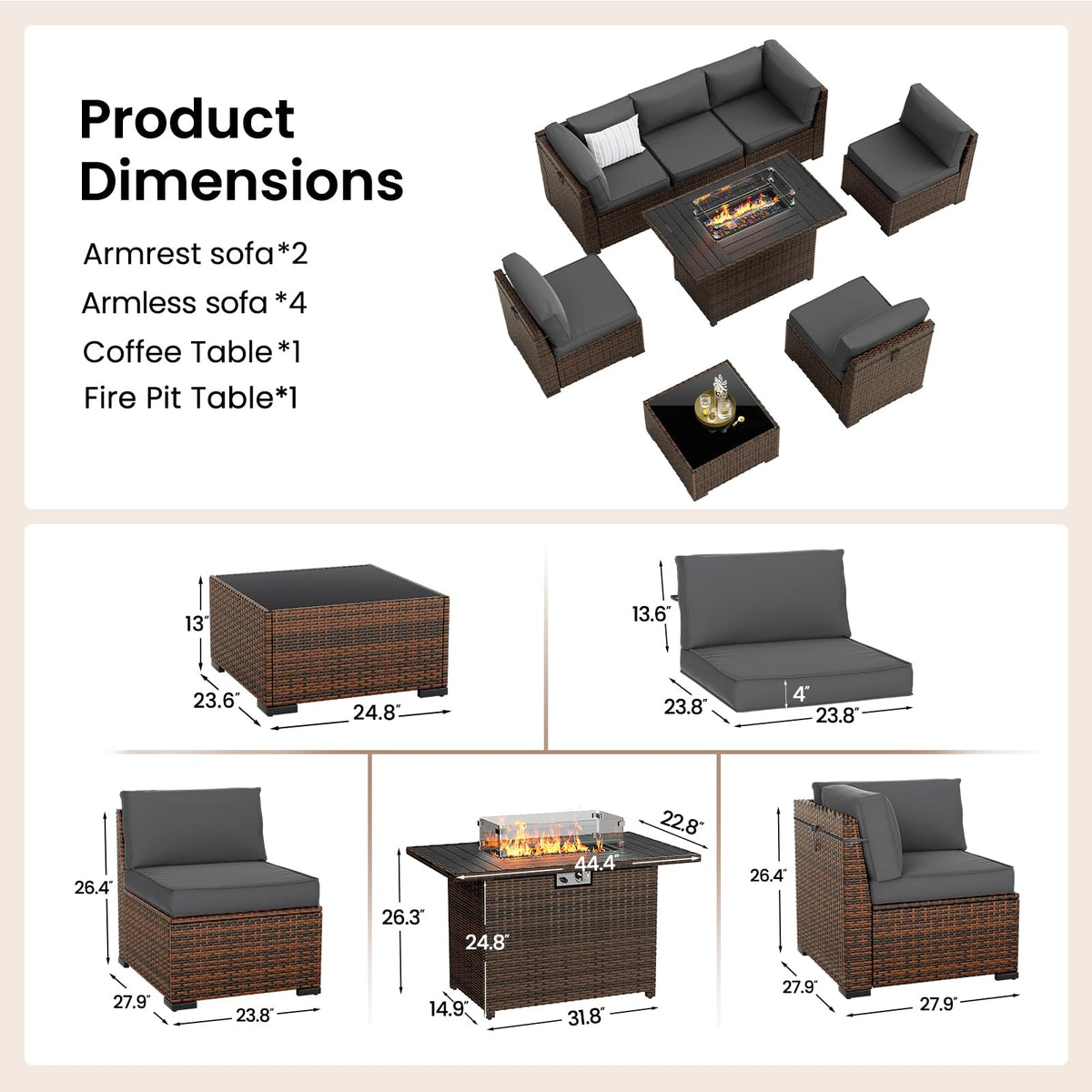 Amopatio 8-Piece Outdoor Patio Furniture Set with 44" Fire Pit Table, Modern Rattan Sectional Couch with Tempered Glass Coffee Table, Thickened Cushions and Include Waterproof Cover (Dark Grey)