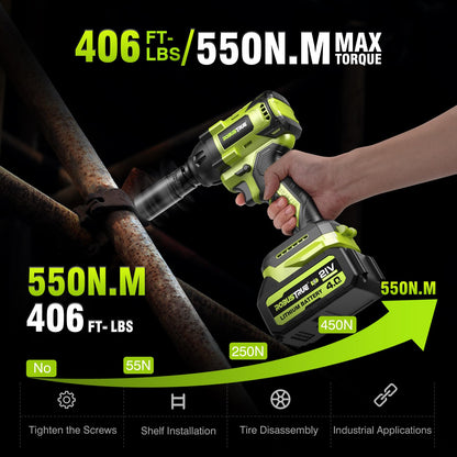 Robustrue Cordless Impact Wrench, 406Ft-lbs (550N.m) Brushless 1/2 inch, 2800RPM High Torque Impact Gun, 2x 4.0Ah Battery, Charger, 4 Sockets, Electric Impact Wrench for Car Home