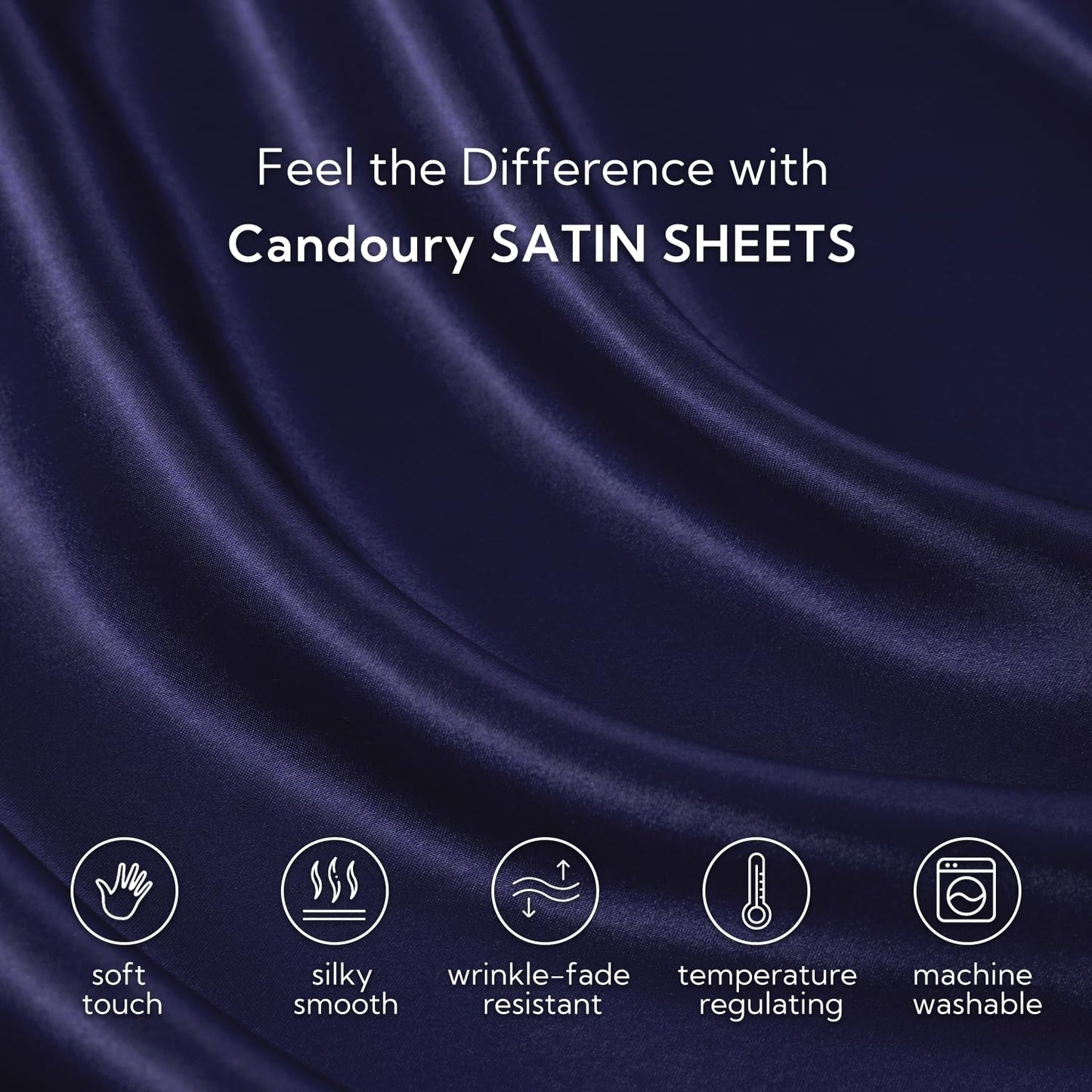 Candoury Satin Sheets Bed Set 4 Pcs, King Size Silky Bedding Set, Soft and Durable Pillowcase, Flat Sheet and Fitted Sheet, Hotel Luxury Bed Sheets Set(King, Navy Blue)