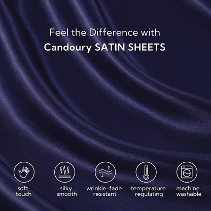Candoury Satin Sheets Bed Set 4 Pcs, King Size Silky Bedding Set, Soft and Durable Pillowcase, Flat Sheet and Fitted Sheet, Hotel Luxury Bed Sheets Set(King, Navy Blue)