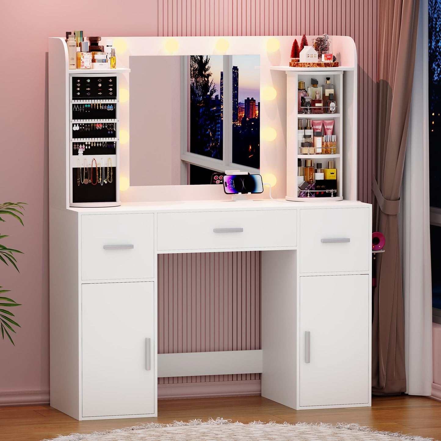 EasyCom Vanity Desk with Rotating Jewelry Organizers, Makeup Vanity with Mirror and Lights, Dressing Table with USB-C Charging Station, 3 Drawers and 2 Cabinets for Bedroom, Dressing Room, White