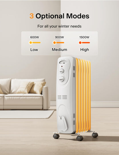 PELONIS Radiator Heater for Large Space, Electric Oil Filled Radiator, Dual Knobs, 1500W, Quiet Space Heater, 3 Modes, Tip-over Protection