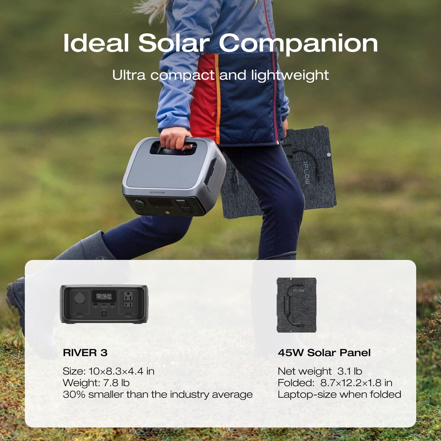 EF ECOFLOW Solar Generator RIVER 3 with 45W Solar Panel, 245Wh Portable Power Station LiFePO4 Battery, 300W Up to 600W AC Output, <20 MS UPS, 1Hr Fast Charging Power Station for Outdoor/Camping/RVs
