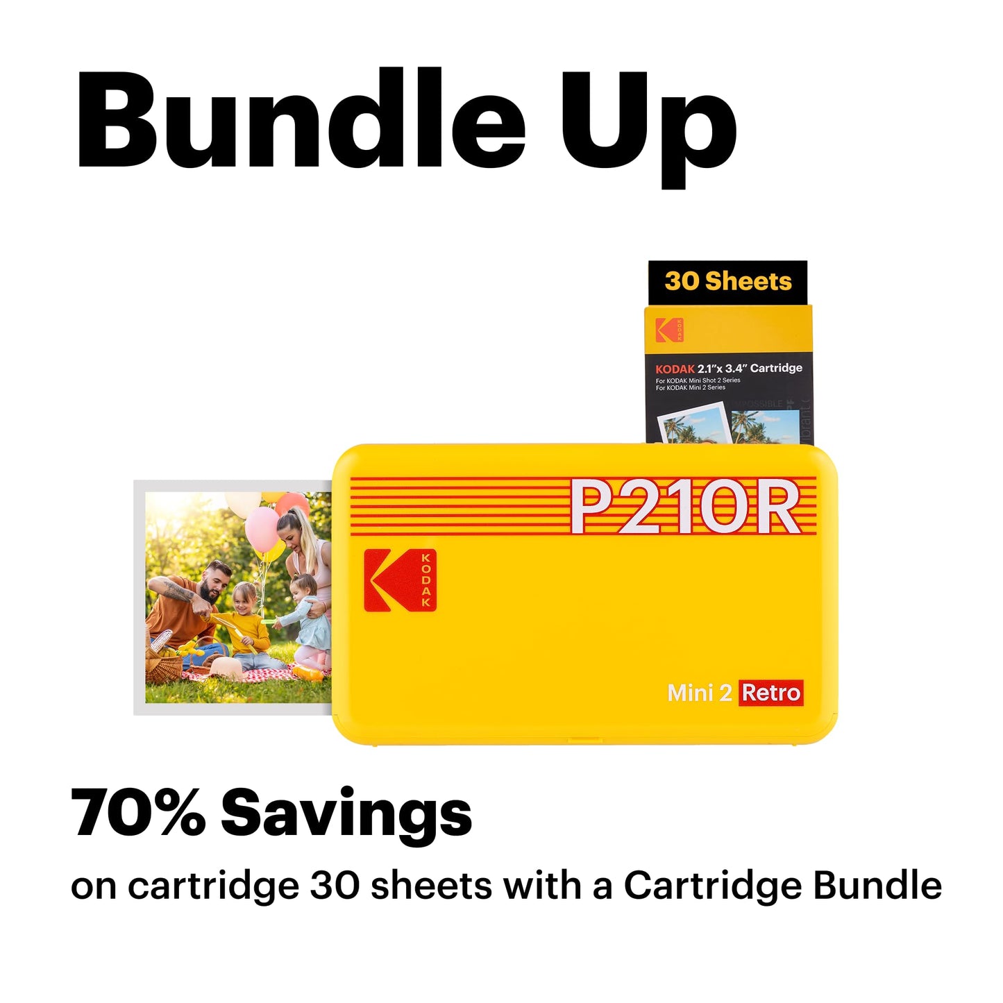 Kodak Mini 2 Retro 4PASS Portable Photo Printer, 2.1x3.4 inches, 38 Sheets Bundle, White