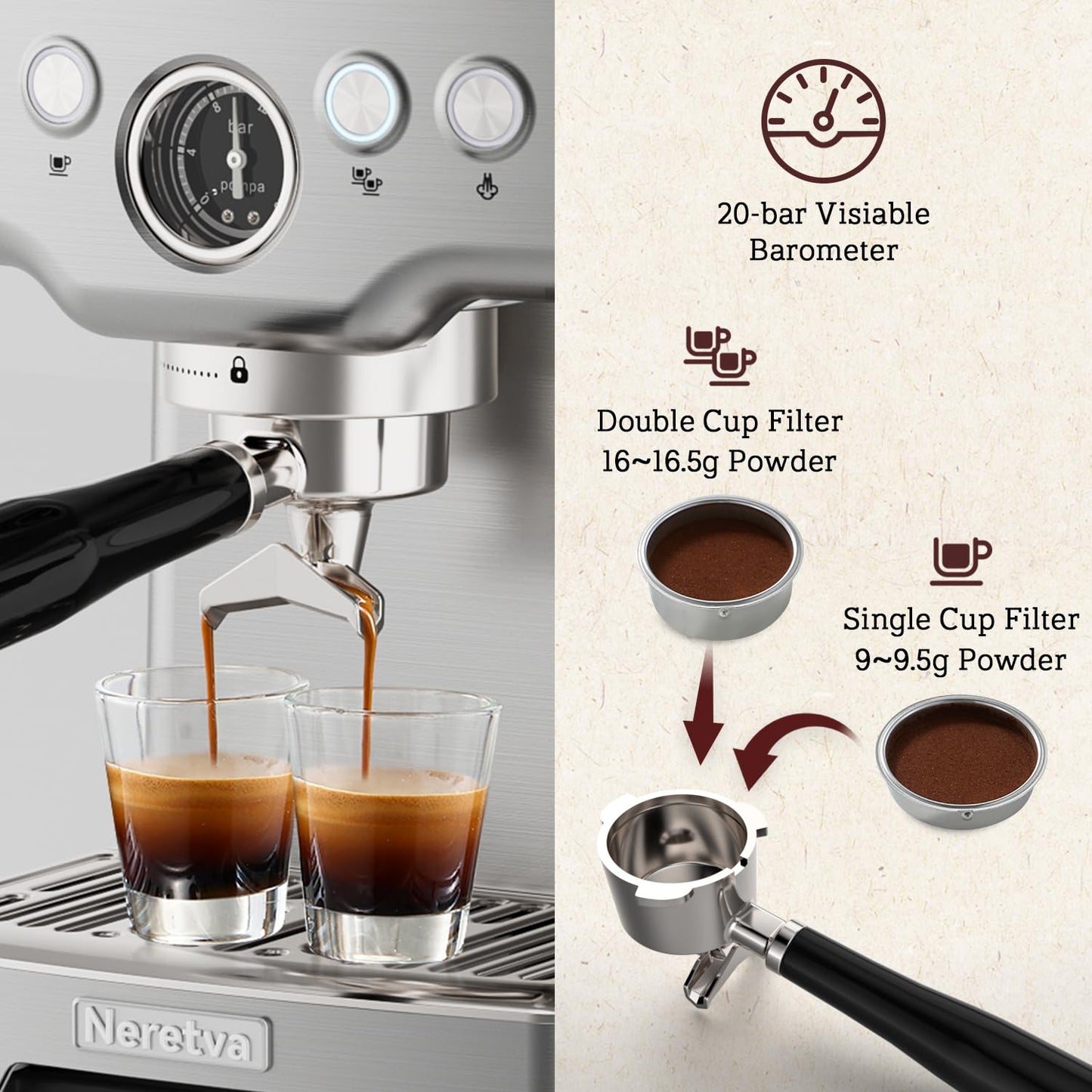 Neretva 15 Bar Espresso Machine with Milk Frother Steam Wand for Cappuccino, Latte, Macchiato, 1450W Professional Coffee Machine 1.8L Removable Water Tank For Home Barista (Silver)