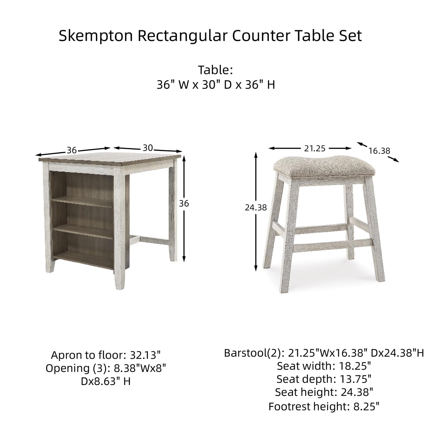 Signature Design by Ashley Skempton 3 Piece Counter Height Dining Set, Includes Table and 2 Barstools, Whitewash