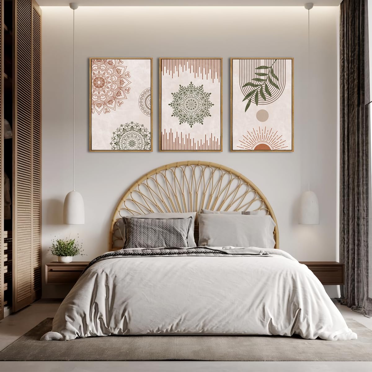 Anyzal Boho Wall Art Framed Large Abstract Geometric Line Paintings Mid-century Modern Plant Wall Decor for Bedroom Living Room Office 16x24 Inches 3 Piece