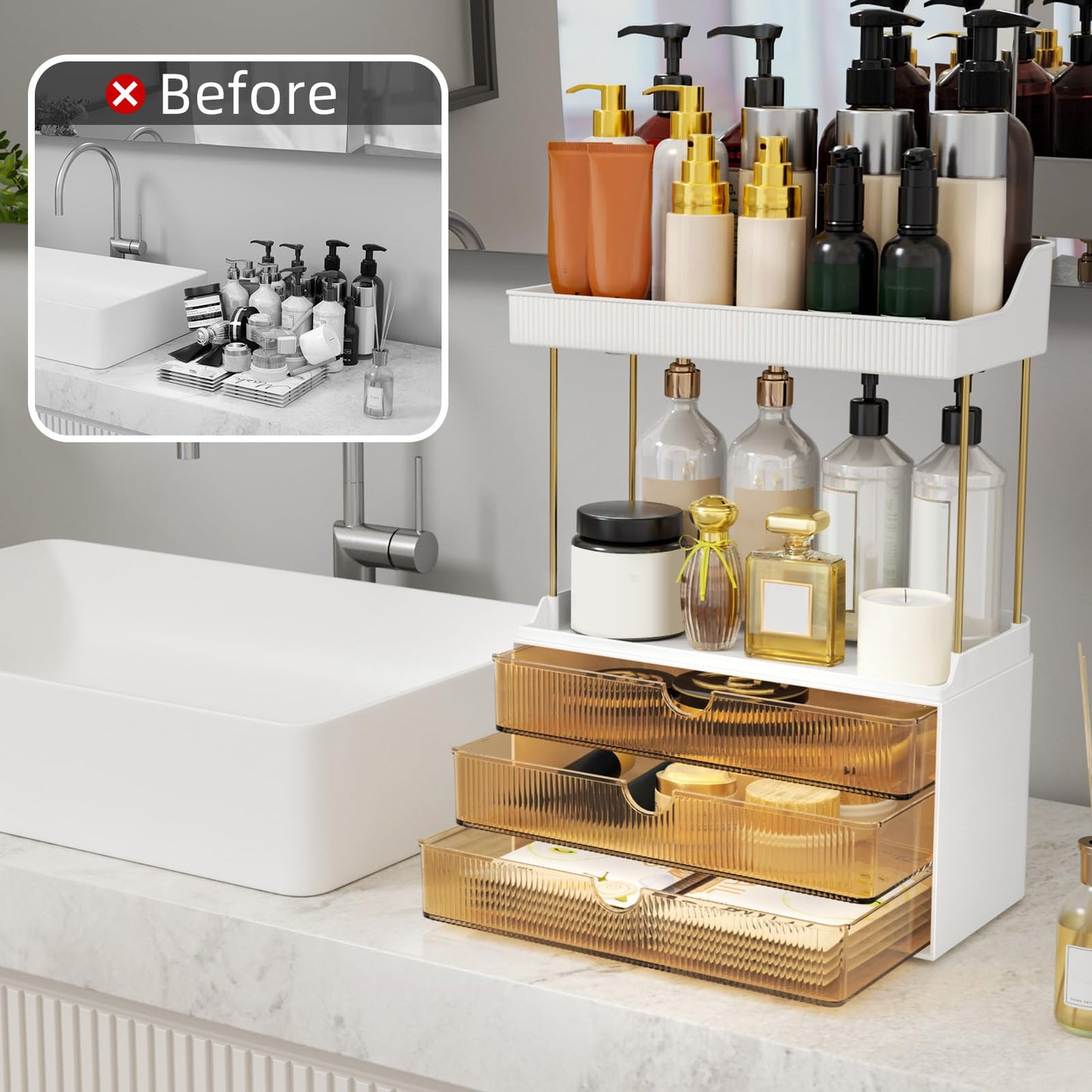 StorBin 3 Large Drawers Makeup Organizer - 5 Tier Bathroom Counter Organizers and Storage, Versatile Perfume Vanity Organizer, Ideal for Cosmetic, Large Skincare, Face Mask, Office Supplies, Amber