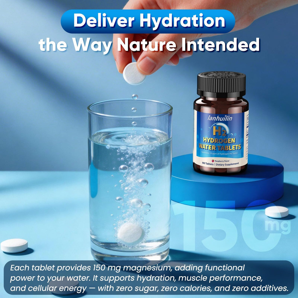 Molecular Hydrogen Tablets for Drinking Water, Hydrogen Water Tablets with 150mg Magnesium, Generates Up to 10 PPM H2 Hydrogen, Antioxidant Support for Cellular Energy & Healthy Aging, 90 Tablets