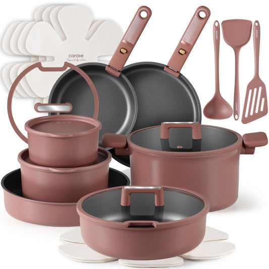 CAROTE 23Pcs Pots and Pans Set Non Stick with Detachable Handle Rouge Pink, Premium Nonstick Cookware Set, Dishwasher/Oven Safe Pots and Pans, Removable Handle RV Cookware