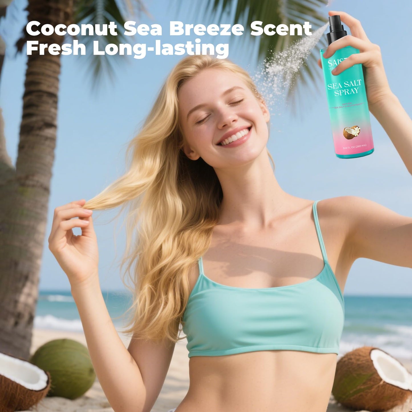 SAISZE Sea Salt Spray for Women and Men, Travel Essentials, Beach Vacation Essentials, Coconut Volumizing Salt Water Spray, Effortlessly Achieve Beach, Wavy and Curly Hair, 8.8 oz
