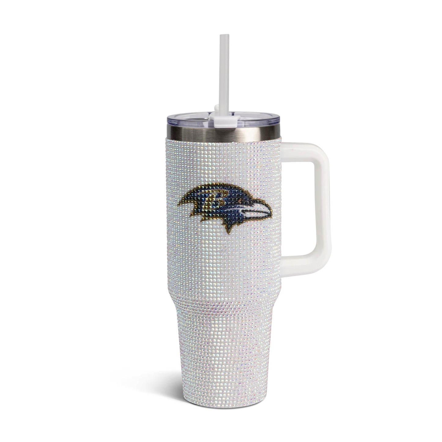 The Memory Company Officially Licensed NFL 40oz Stainless Steel Tumbler - Double Wall Insulated Travel Cup with Handle and Straw Lid - Crystal Rhinestone Design