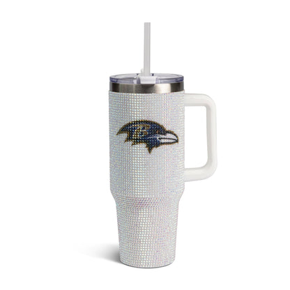 The Memory Company Officially Licensed NFL 40oz Stainless Steel Tumbler - Double Wall Insulated Travel Cup with Handle and Straw Lid - Crystal Rhinestone Design