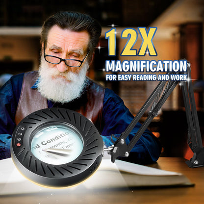 12X Magnifying Glass with Light and Stand, 144 LEDs Brightest Desktop Magnifying Lamp, 10 Dimmable Brightness 5 Color Modes, Hands Free Metal Desk Lamp for Craft Reading Painting Hobby Close Work