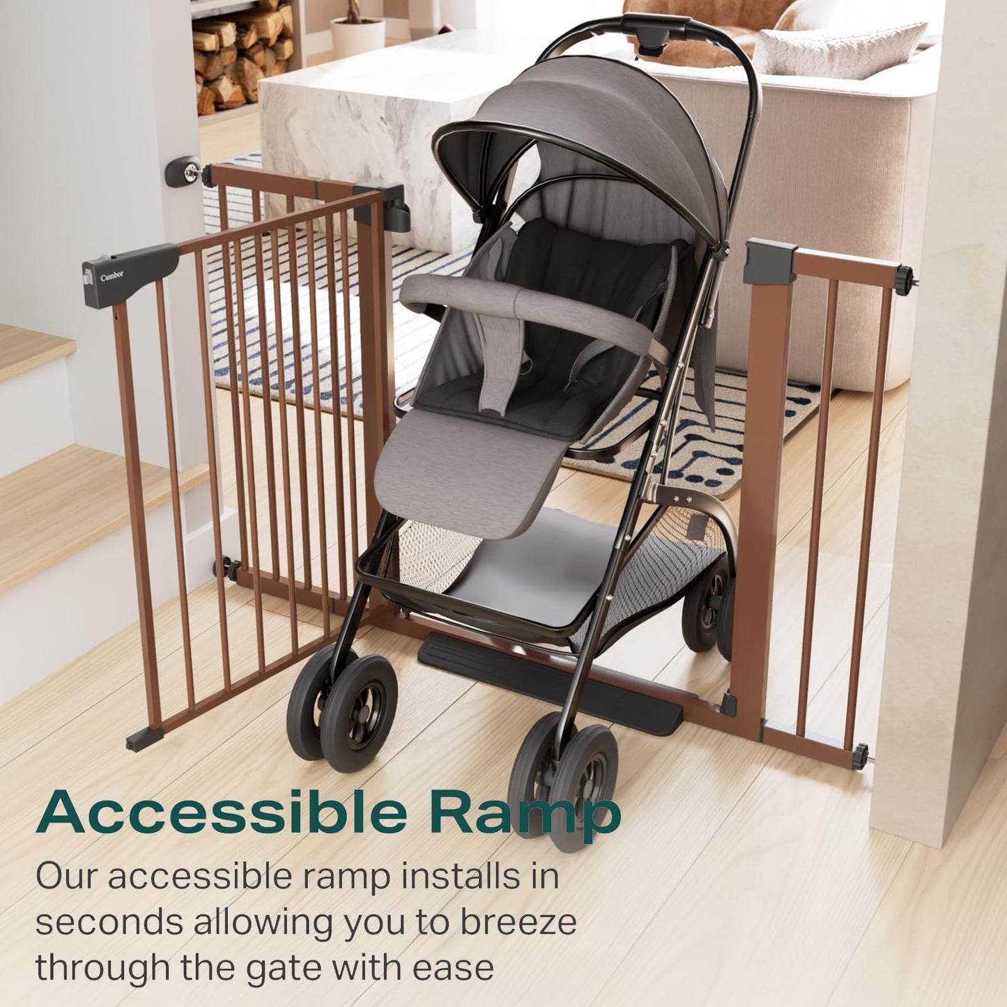 Cumbor 29.7-46" Baby Gate for Stairs, Mom's Choice Awards Winner-Auto Close Dog Gate for the House, Easy Install Pressure Mounted Pet Gates for Doorways, Easy Walk Thru Wide Safety Gate for Dog, Brown