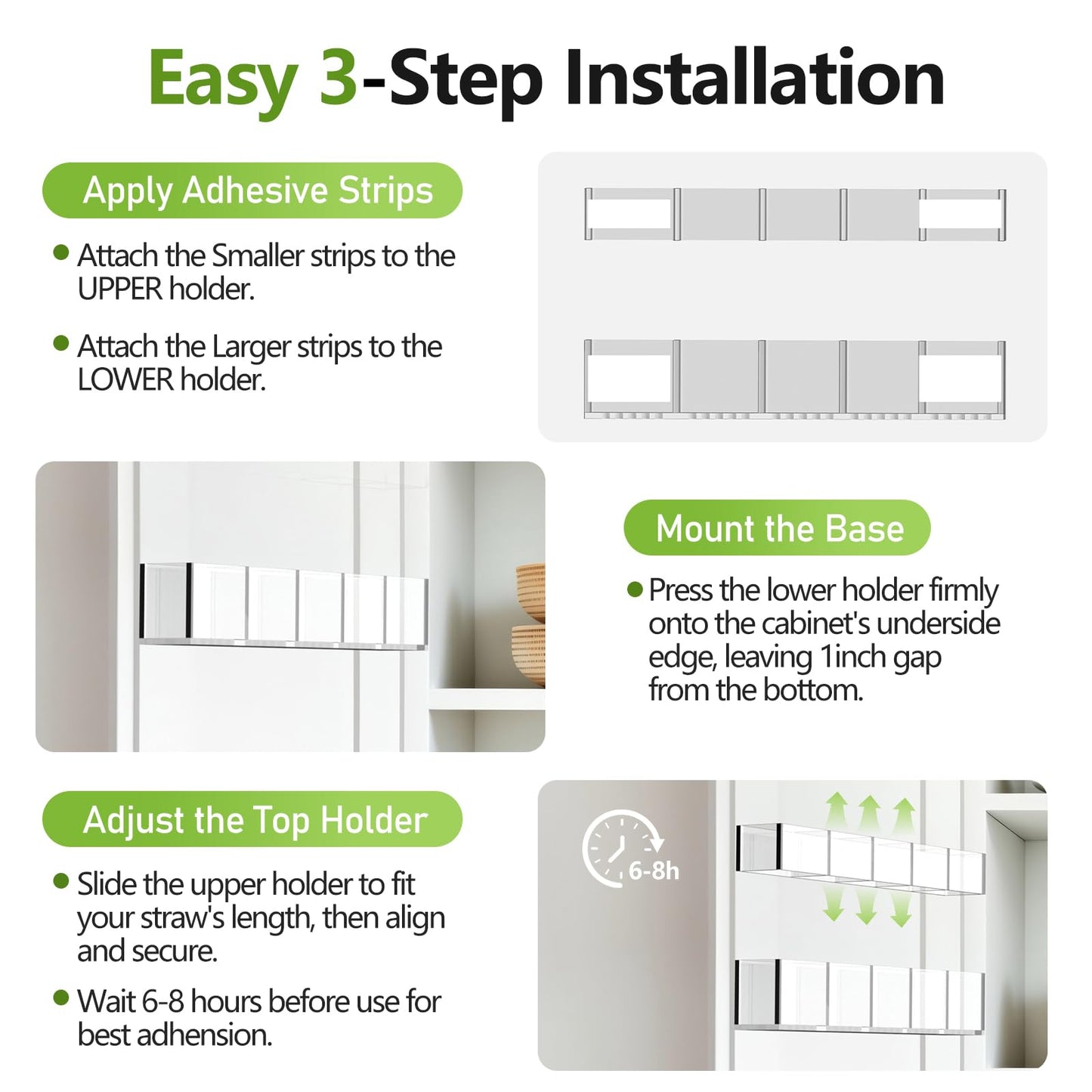 Rycid Straw Holder for Cabinet Door, 9.8” Adjustable Two-Part Large Acrylic Straws Organizer with Ultra Sticky Adhesive Strips, 2025 Reusable Straw Storage for Kitchen Cupboard(Transparent)
