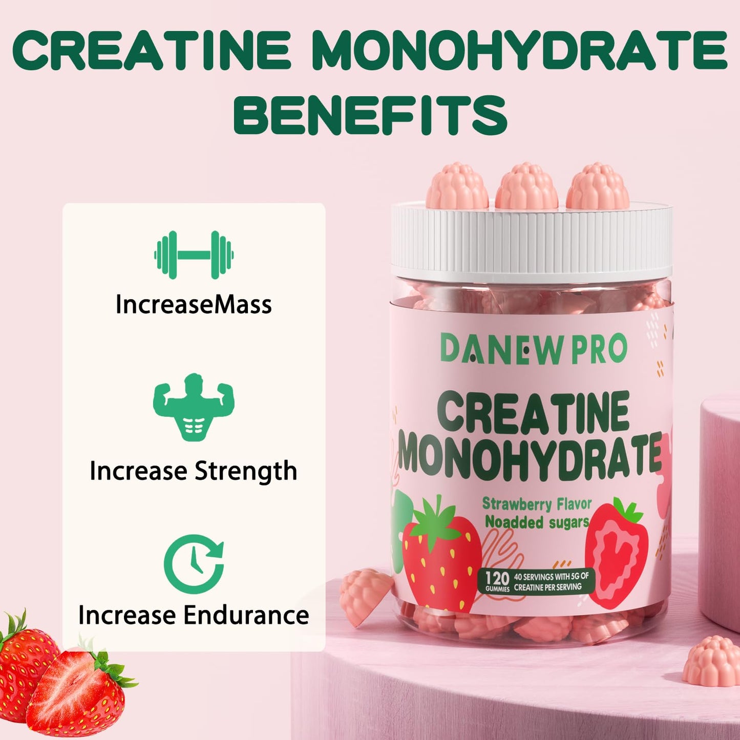 DANEW Pro Creatine Monohydrate Gummies for Men & Women, Creatine Monohydrate for Muscle Strength, Muscle Builder, Energy Boost, Pre-Workout Supplement(120 Count)-Strawberry Flavor