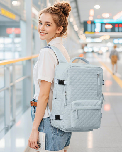 Travel Vacuum Storage Backpack with Air Pump Vacuum Seal Compression Space Saver Bags Clothing Vacpack 18x14x8 inches Travel Bag Carry on Personal item Laptop Work Backpacks Women LightBlue