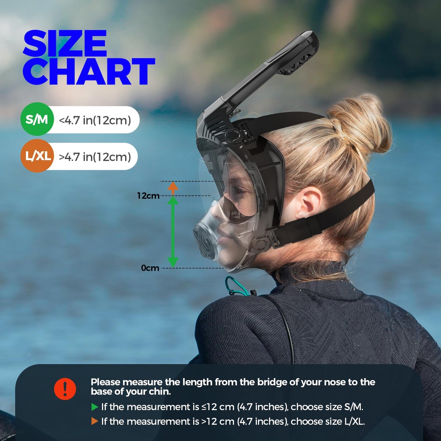 WONDSY Full Face Snorkel Mask for Adults, Snorkeling Gear for Kids, Anti-Fog & Anti-Leak Design with 180° Panoramic View, Dry Top Breathing System, Ideal for Scuba Diving, Snorkeling (Black, L/XL)