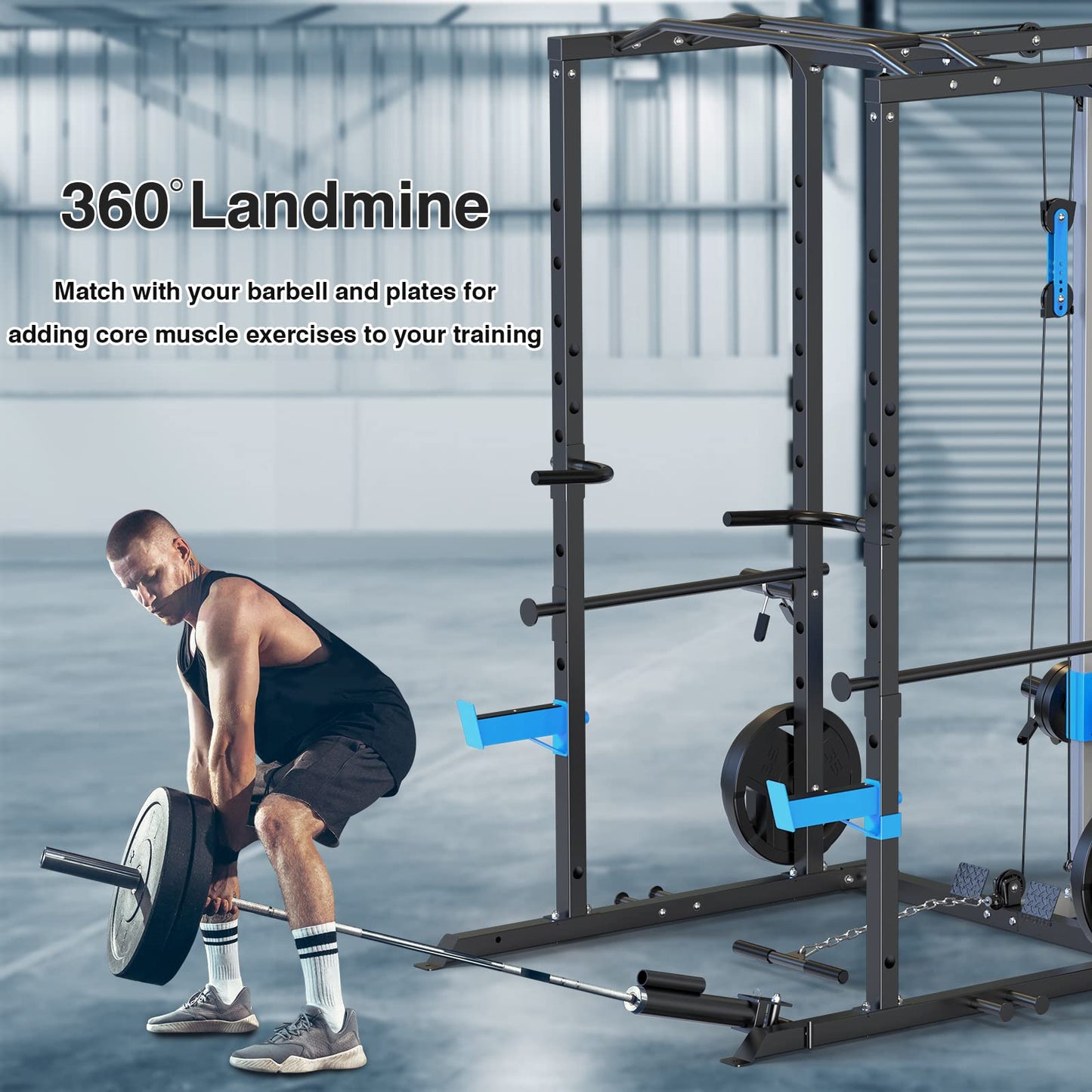 ULTRA FUEGO Power Cage, Multi-Functional Power Rack with J-Hooks, Dip Handles, Landmine Attachment and Optional Cable Pulley System for Home Gym (Power Cage with Pulley System)