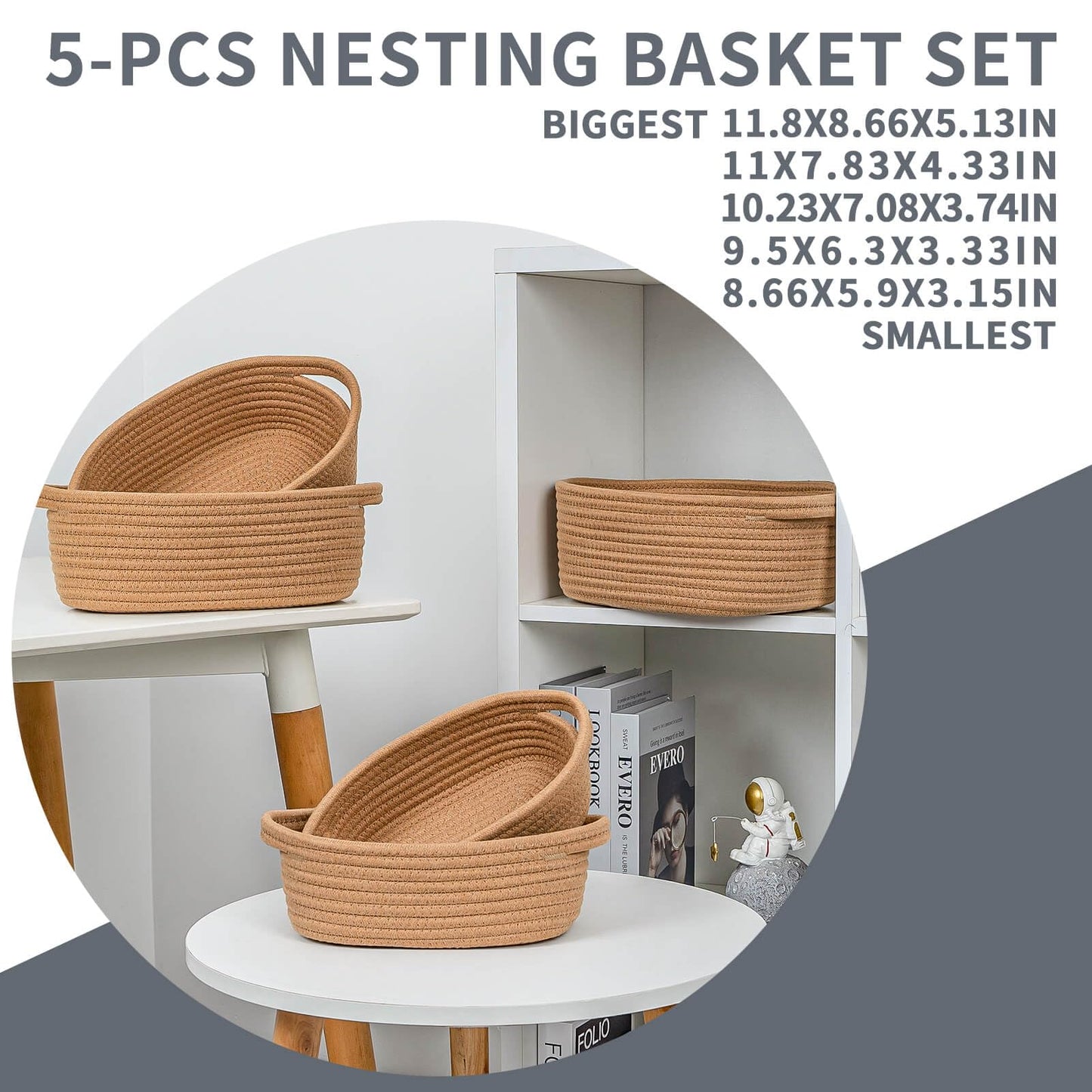 CubesLand Small Shelf Shelves Closet Over Toilet Storage Cube Organizer Basket Bin 5-Piece,Woven Basket Bin for Organizing,Nesting Cute Rope Baby Dog Cat Toy Basket Box,Tan Basket for Storage