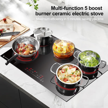 AMZCHEF 30 Inch 8400W 5 Burner Electric Cooktop, Drop-in Ceramic Glass Cooktop, 16 Power Levels, 85% Heat Efficiency, Child Lock, Timer, 220-240V, Hard Wire, No Plug