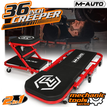 M-AUTO Foldable Z Creeper 2-in-1 Rolling Folding Car Creeper & Seat, 36" Adjustable Roller Garage Chair Lay Down or Sit, 330LBS Capacity Under Car Roller Creeper with 6 Swivel Casters, Red