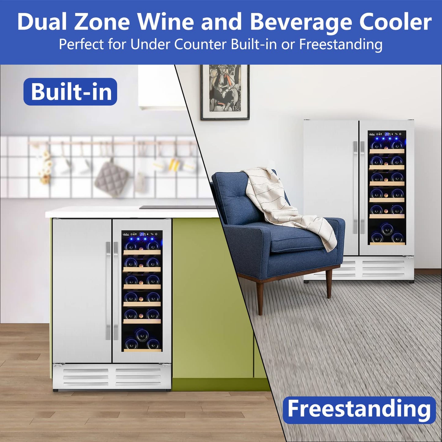 Velieta Outdoor Wine and Beverage Refrigerator,24 Inch Dual Zone Wine Beverage Cooler, Built-in/Freestanding Beer and Wine Fridge with a Powerful Compressor, 20 Bottles and 88 Cans Capacity