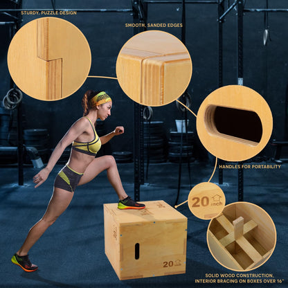 Yes4All 3 in 1 Wooden Plyo Box, Plyometric Box for Home Gym and Outdoor Workouts - 16x14x12