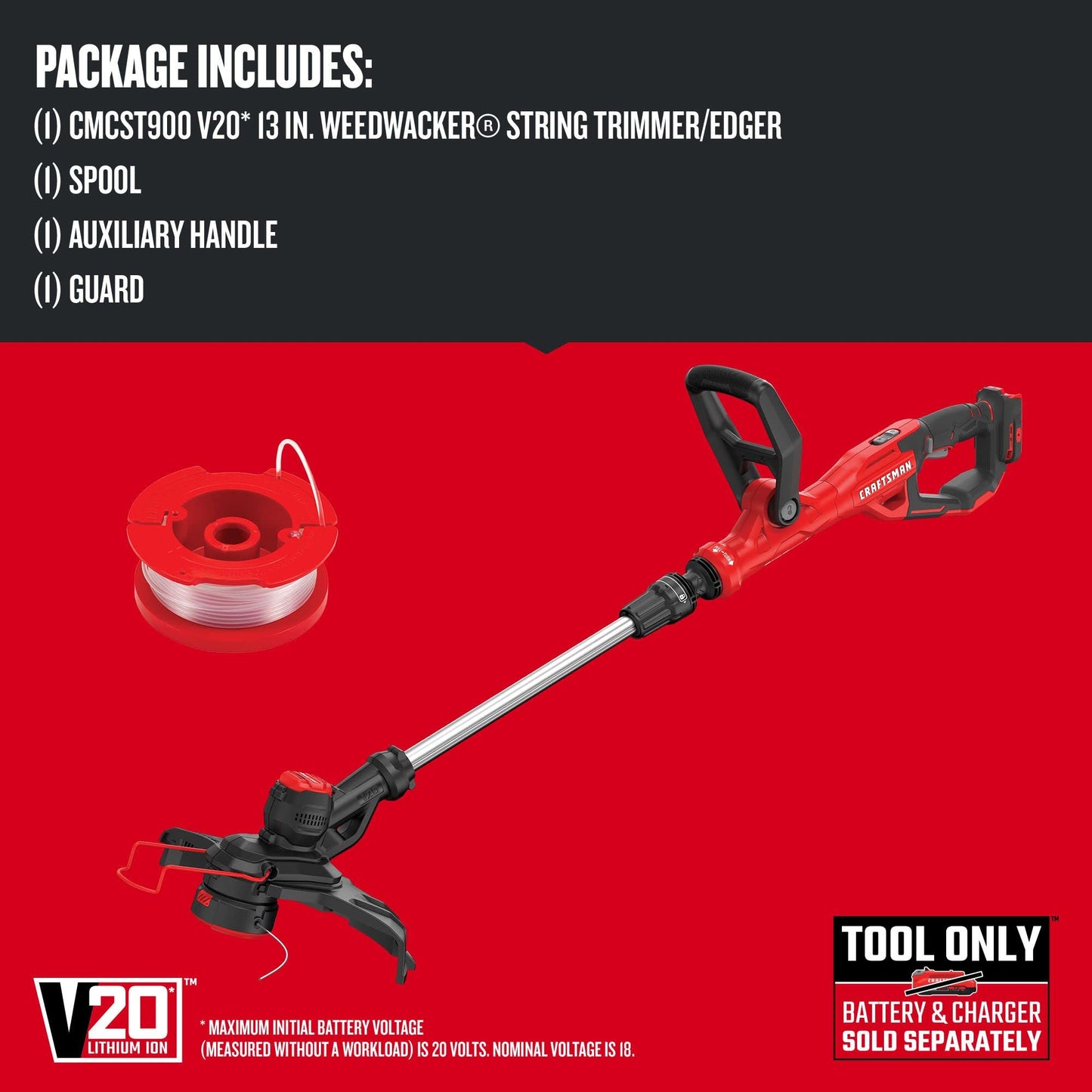 CRAFTSMAN V20 WEEDWACKER Cordless String Trimmer Edger with Automatic Feed, 13 inch, Bare Tool Only (CMCST900B)