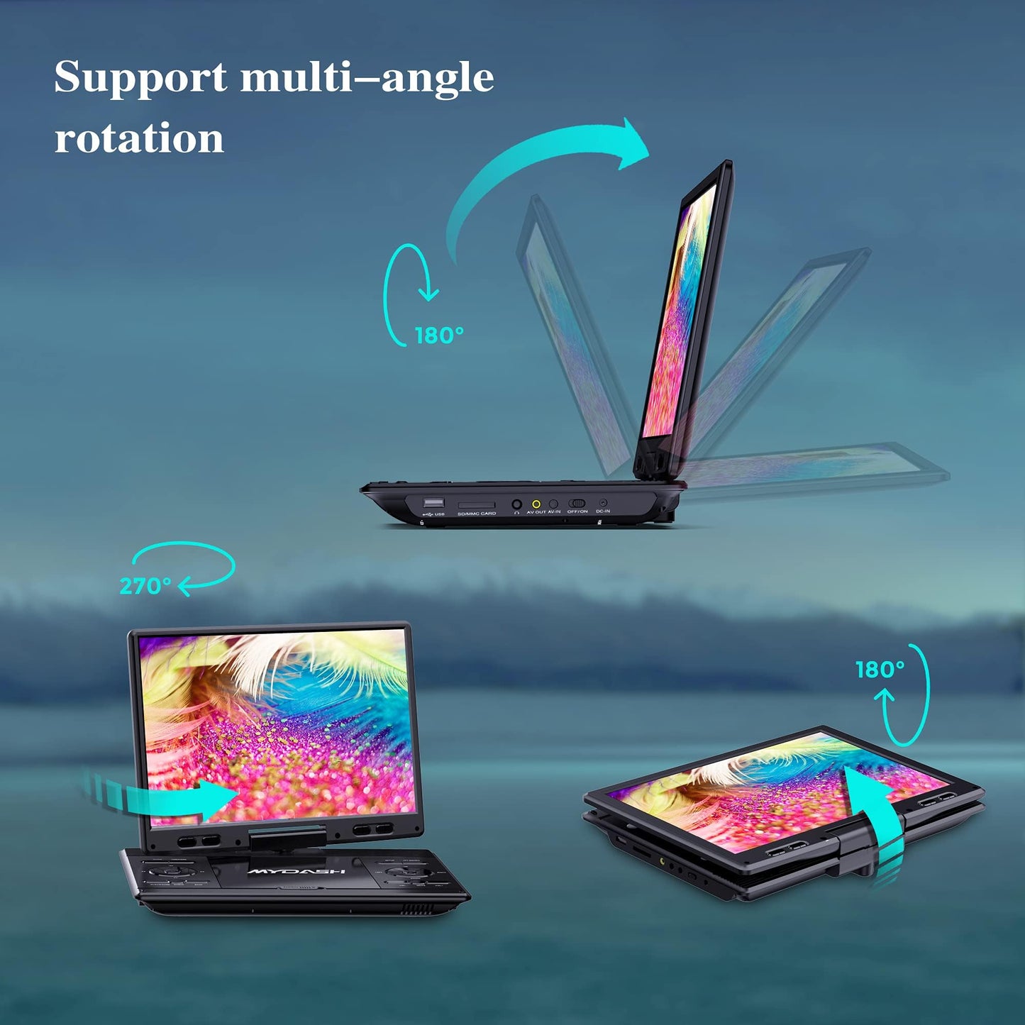 MYDASH 12.5'' Portable  DVD  Player  with  Swivel  Screen – Rechargeable  Car  DVD  Player,  Portable & Travel,  Region‑Free  Personal  DVD  Player  Portable,  USB/SD  Support