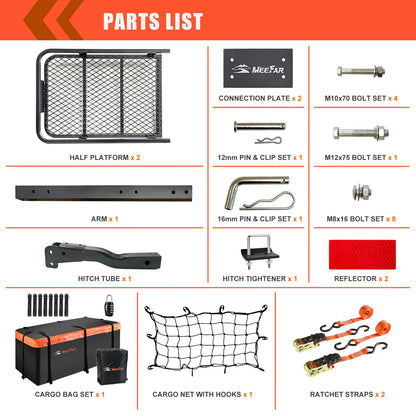 MeeFar Folding Hitch Mount Cargo Carrier Basket 60" X 20" X 6"+Waterproof Cargo Bag 16 Cubic Feet(58" 19" 24"),Hauling Weight Capacity of 500 Lbs and A Folding Arm.with Hitch Stabilizer,Net and Straps