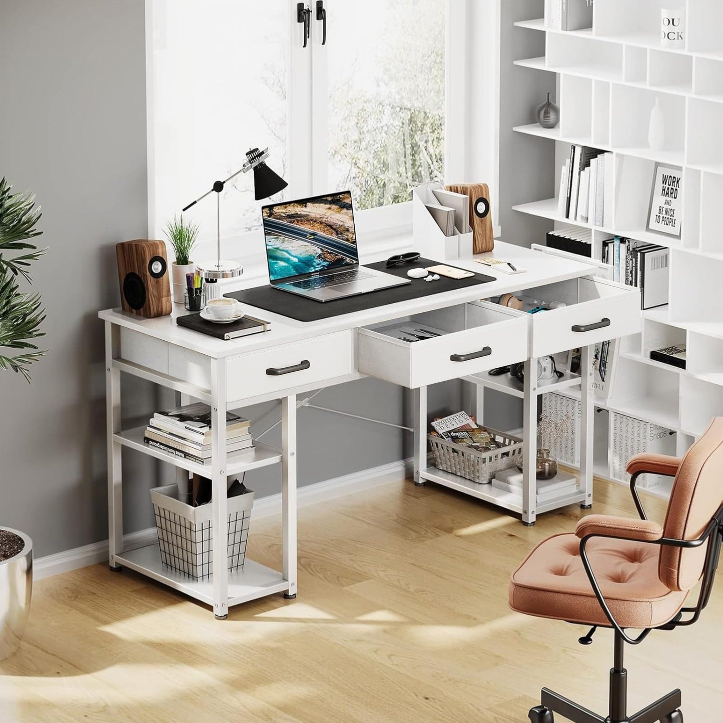 ODK Office Small Computer Desk: Home Table with Fabric Drawers & Storage Shelves, Modern Writing Desk, White, 48"x16"