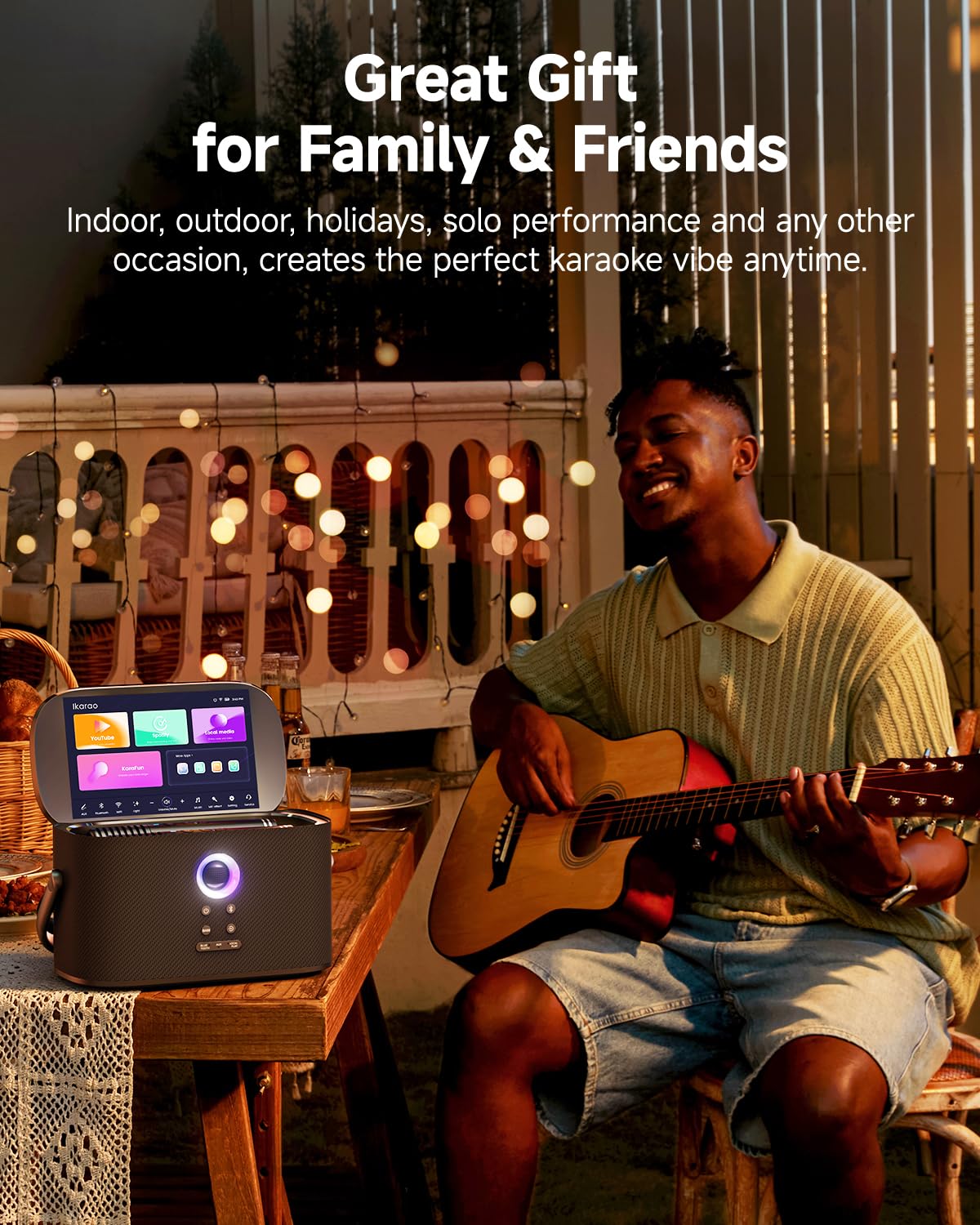 Ikarao Portable Karaoke Machine for Adults, Built-in Lyrics Display and Screen, 2 Self-Charging Wireless Microphones, Karaoke App, 140W Speaker, Connects to TV for Home Party Birthday Outdoor Camping