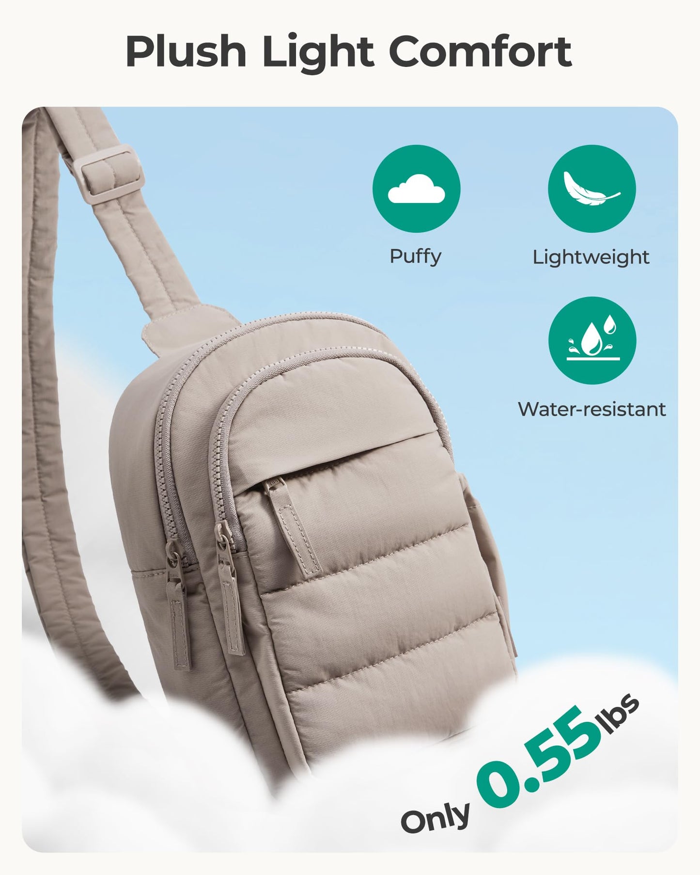 BAGSMART Puffer Sling Bag for Women, Quilted Small Crossbody Bag Lightweight Multi Pockets for Travel Sports Hiking, Camel