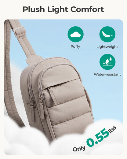 BAGSMART Puffer Sling Bag for Women, Quilted Small Crossbody Bag Lightweight Multi Pockets for Travel Sports Hiking, Camel