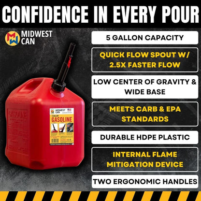 Midwest Can 5610 Safe-Flo Auto Shut Off 5 Gallon Gas Can – Durable Fuel Containers with FlameShield Safety System & Quick-Flow Spout - Red - 4 Pack