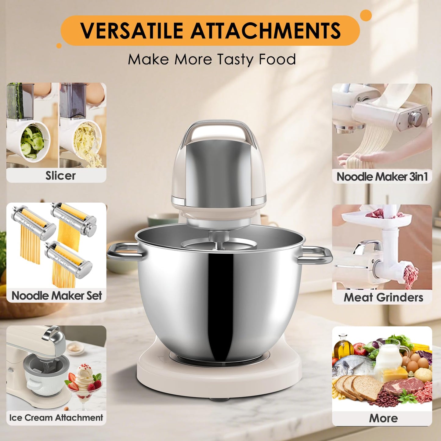 8.4QT Commercial Stand Mixer 800W with Aluminum Die Casting Meets the Standard of NSF/ANSI 8-2023, Mixers Kitchen Electric Stand Mixer with Stainless Steel 8L Bowl, Dough Hook, Whisk and Beater