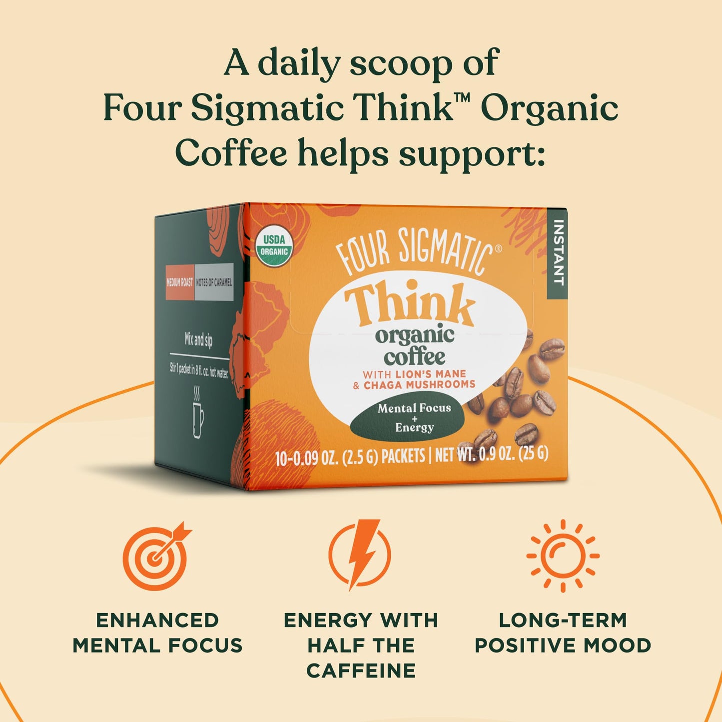 Four Sigmatic Focus Organic Mushroom Coffee | Instant Mushroom Coffee Mix with Lion's Mane, Chaga and Rhodiola for Better Focus and Immune Support | 10 Packets
